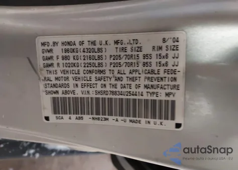 2004 Honda Cr-V Ex from USA, damaged, VIN SHSRD78834U254414